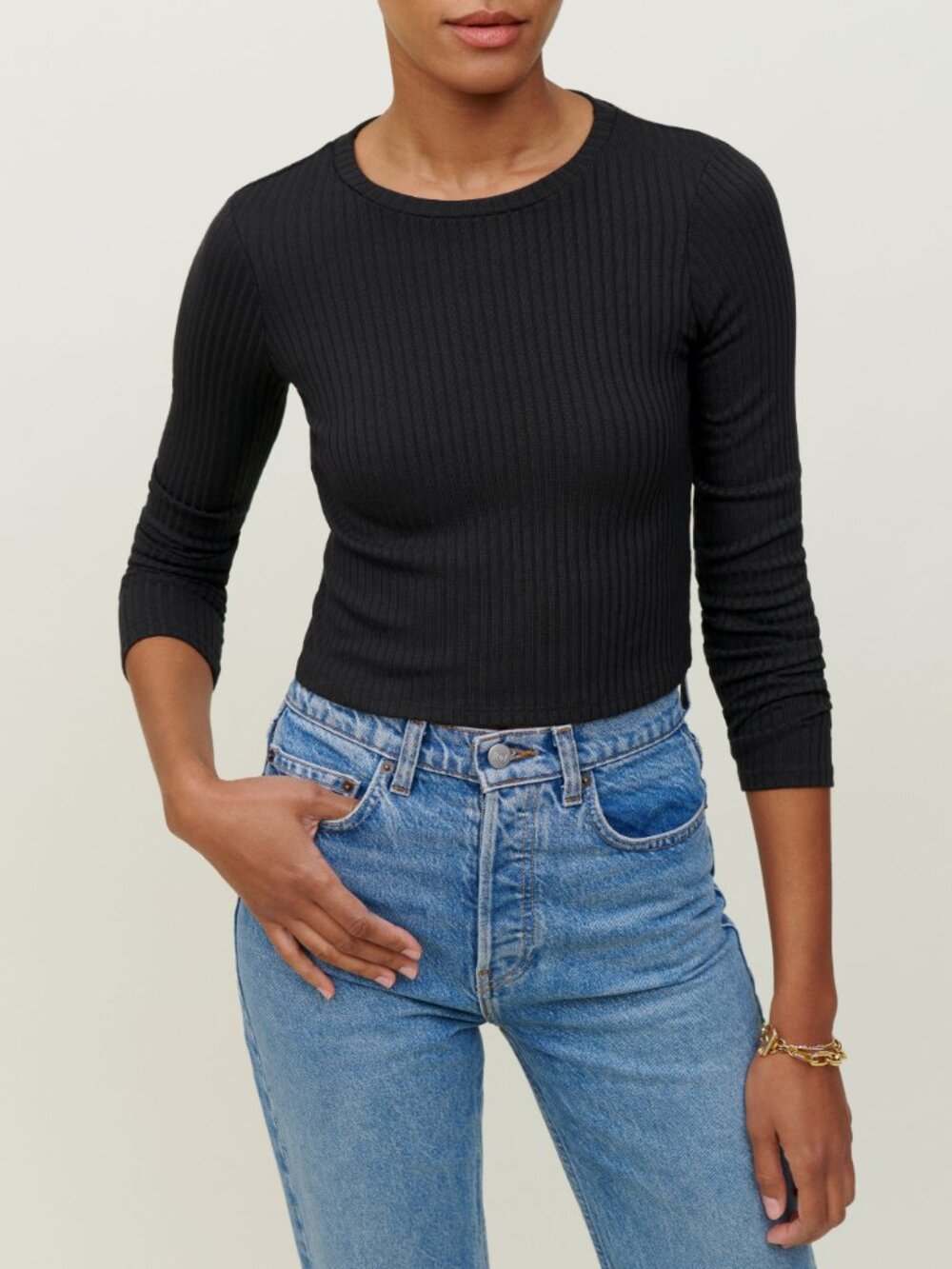 Reformation Jackie Long Sleeve Ribbed Knit Crop Top Black Small Minimalist Chic